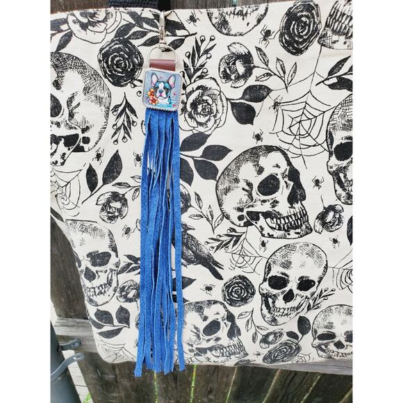 Handmade boho Boston terrier Gift Leather Fringe Western bag charm keychain - Picture 3 of 4